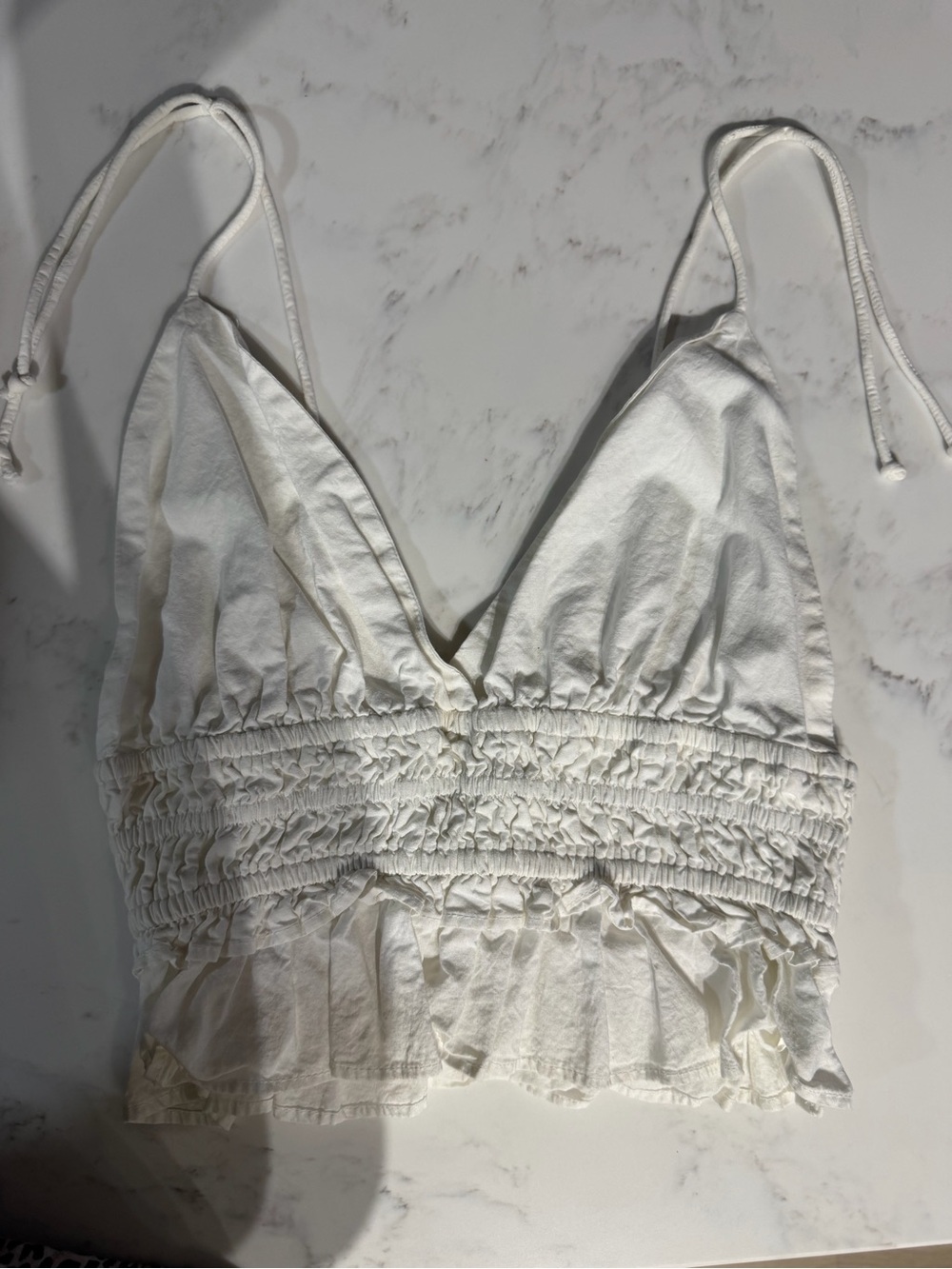 Smocked Ruffle White Tie-Shoulder Crop Top